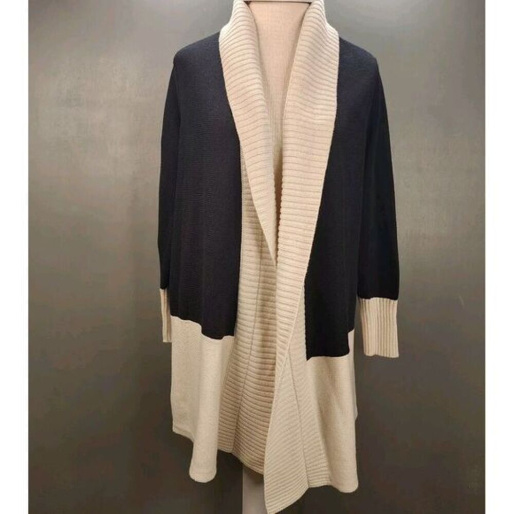 Chico's Long Sleeve Color-Block Open Cardigan Duster Women SZ 1 Black White Warm